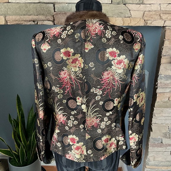 Y2K Brocade Mink Collar Holiday Party Asian Floral Black Brown 12 Doncaster - Picture 6 of 9